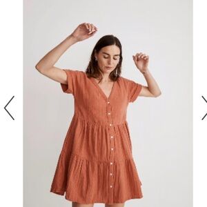 Madewell Lightspun Cuff-Sleeve Button-Front Tiered Mini Dress
